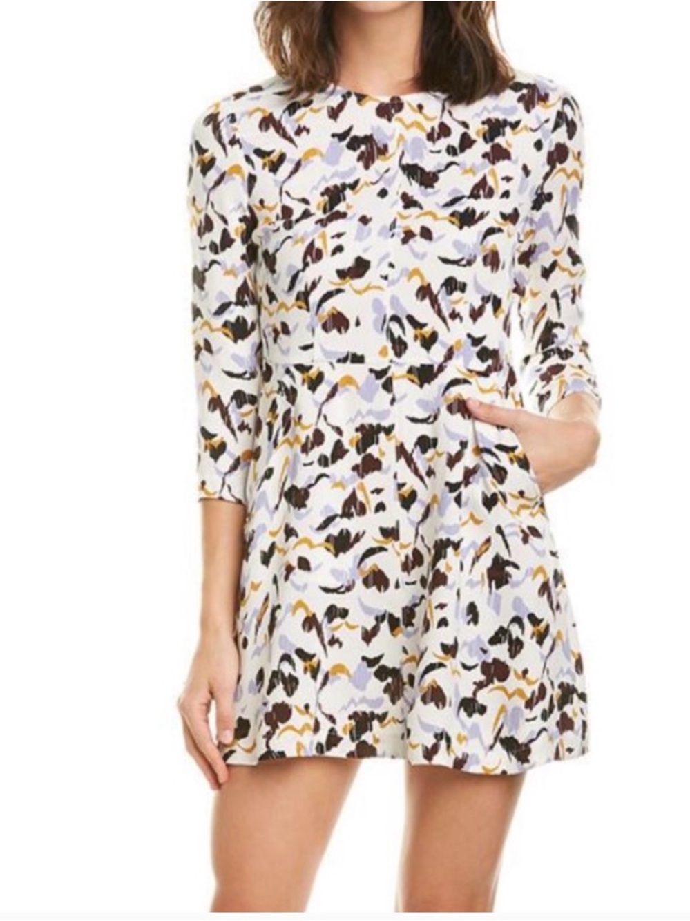 A.L.C. Women’s Terry Abstract A Line Mini Dress. White and Purple Printed Silk